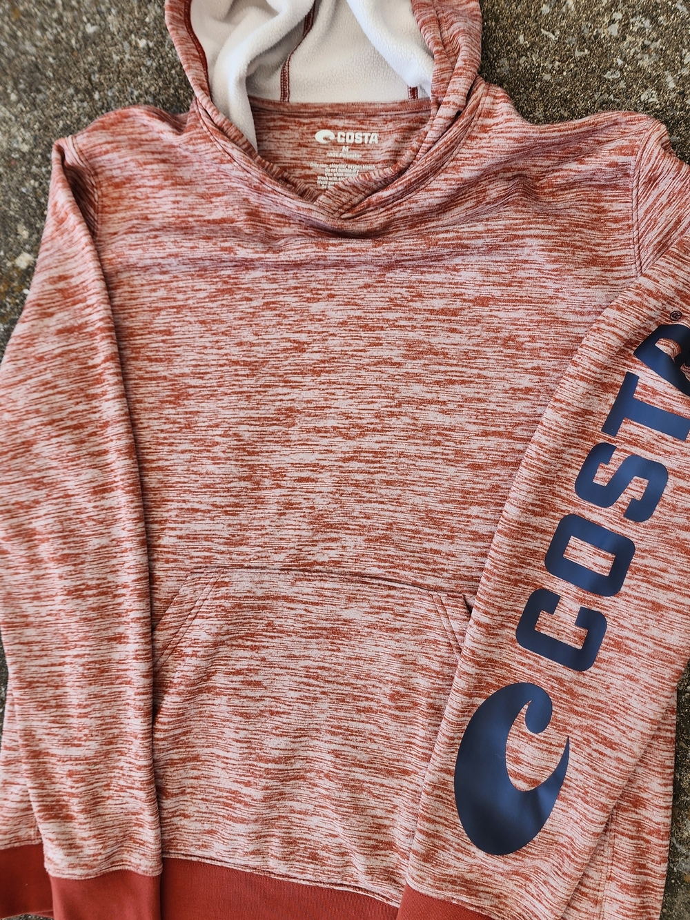 Costa Heathered Rust and White Hooded Pullover with Navy Sleeve Logo